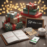 Stack of Christmas presents and gifts next to a budget planner, cash in an envelope, and a phone showing a digital budget tracker, demonstrating planning for a debt-free holiday