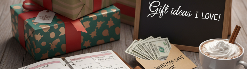 Stack of Christmas presents and gifts next to a budget planner, cash in an envelope, and a phone showing a digital budget tracker, demonstrating planning for a debt-free holiday
